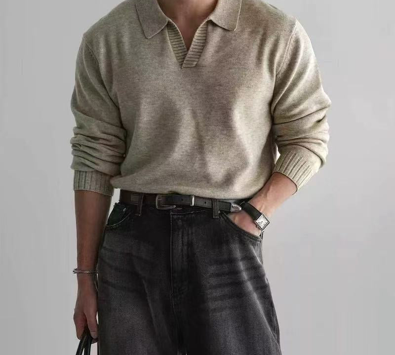 Outliers Knitted Polo Shirt With V-neck